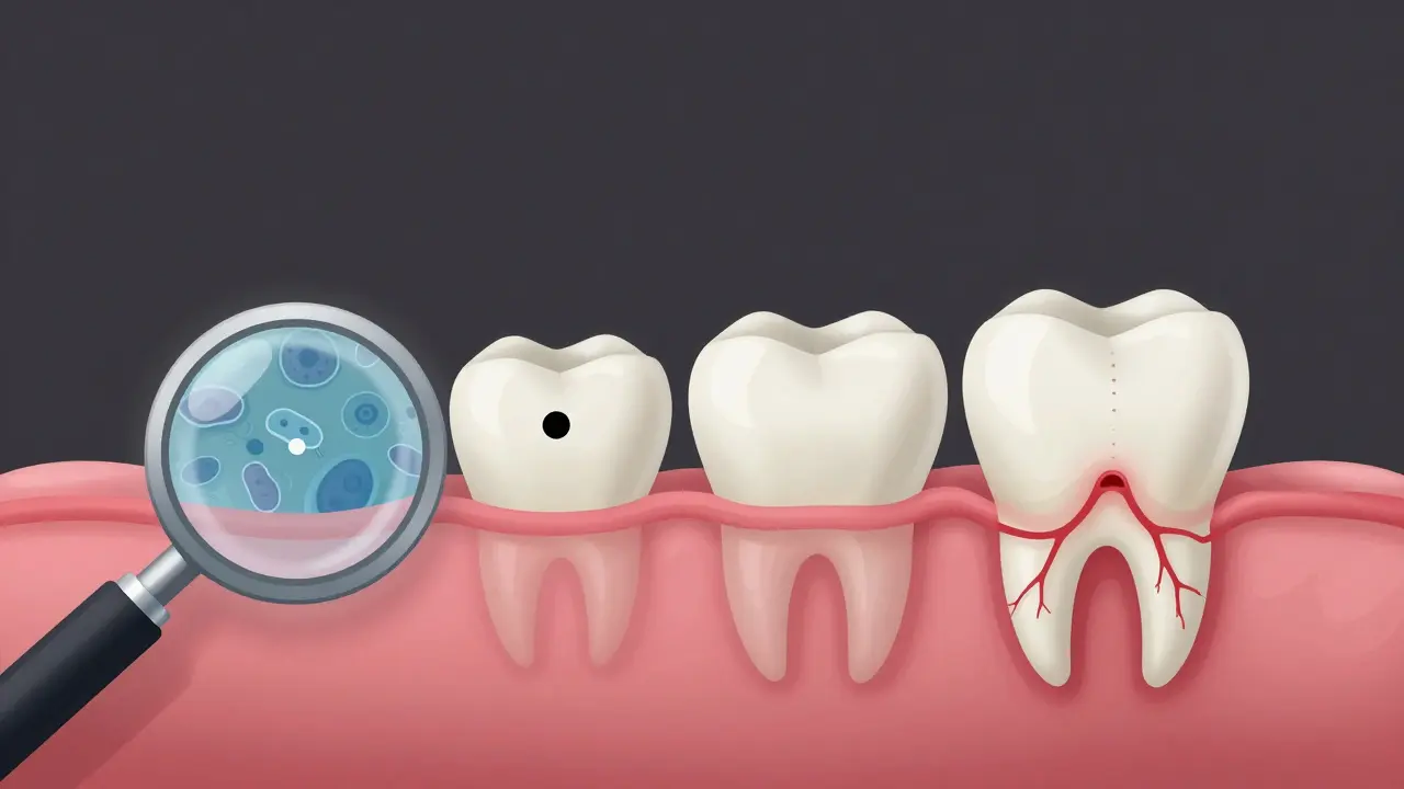 Konceptuální znázornění vývoje počínajícího zubního kazu od bílé skvrny až po absces.