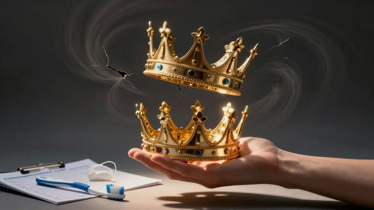 Kontrast mezi poškozenou a zdravou korunkou — jedna v tmu, druhá v jasné světle, symbolizující důsledky péče a zanedbání.