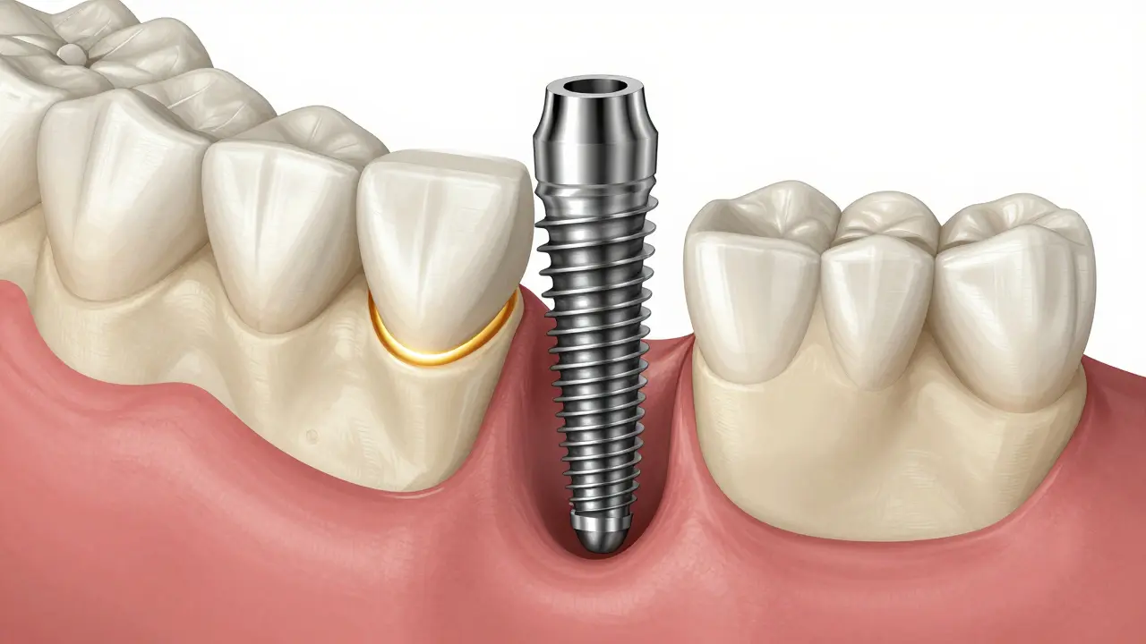 Křížový řez čelisti s implantátem spojeným s kostí.