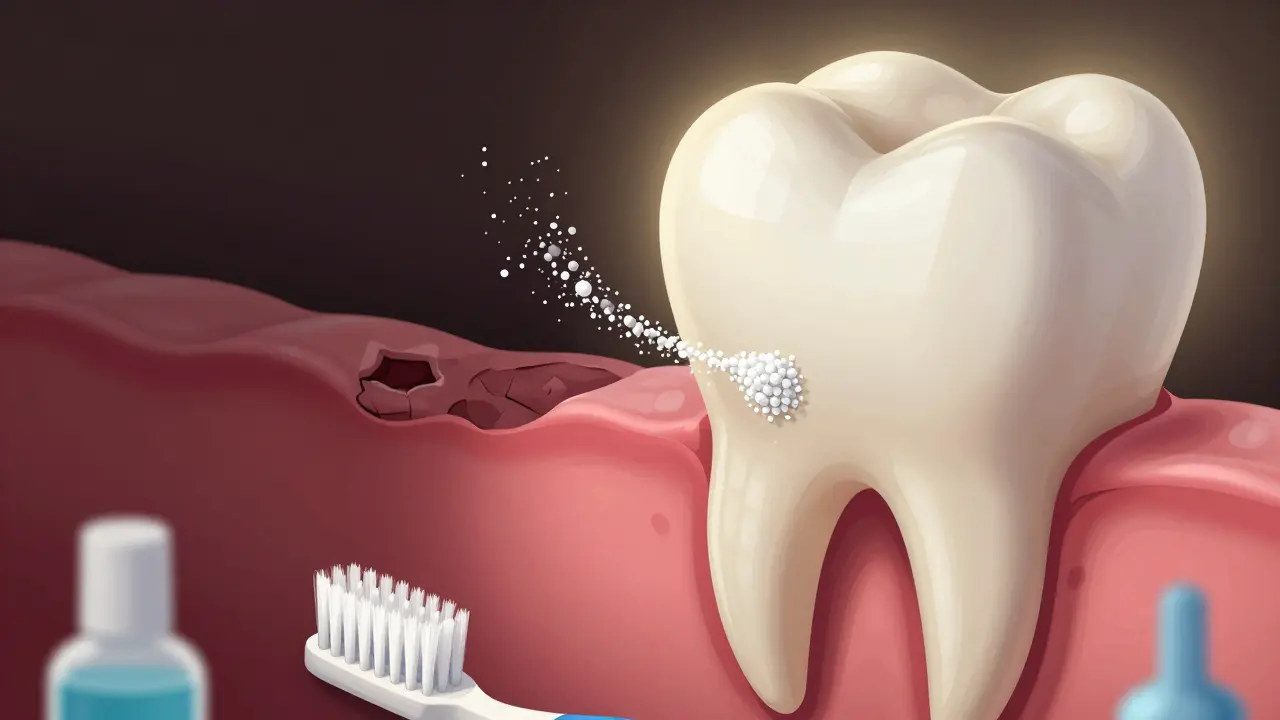 Křížový řez zubem s mikroskopickými kanálky uzavřenými látkami, které blokují bolest.
