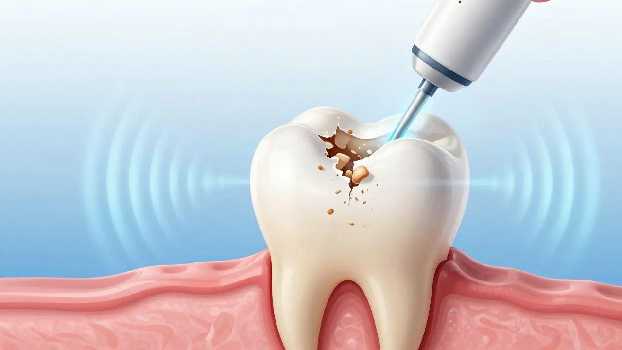 Microscopic view of tartar breaking apart under ultrasonic waves and water flow
