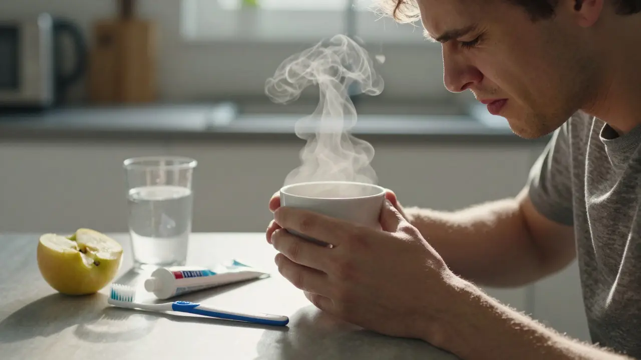 Muž se napíjí kávy a cítí citlivost, zatímco na stole leží zubní kartáček a zubní pasta.