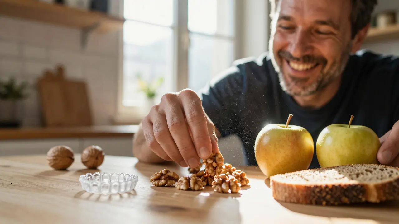 Muž v kuchyni si připravuje ořechy a jablka, při čemž na stole leží průhledné rovnátko.