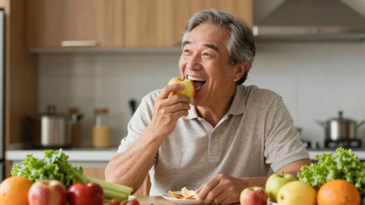 Muž ve věku 60 let jedí křupavé jablko s přirozeným úsměvem.