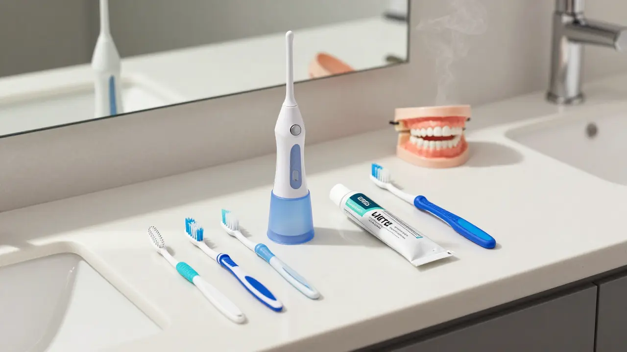 Nástroje pro hygienickou péči o zuby s rovnátkem: mezizubní kartáčky, irigátor a fluoridová pasta.