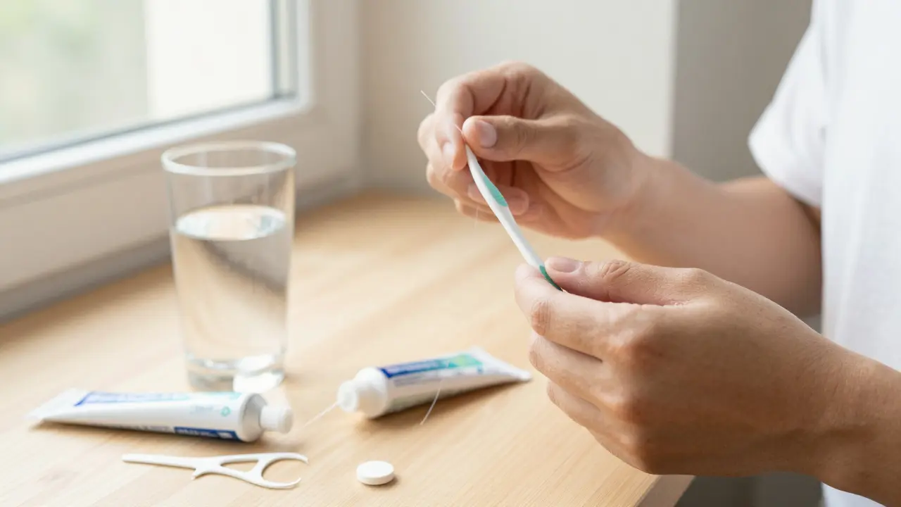 Osoba pečlivě čistí zuby interdentalním kartáčkem a nití po rovnátkách.