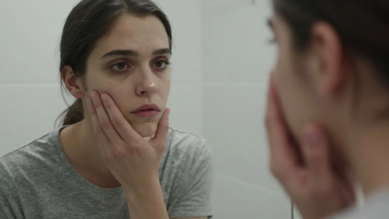 Osoba v zrcadle s představou skrytého kazu v zoubku.