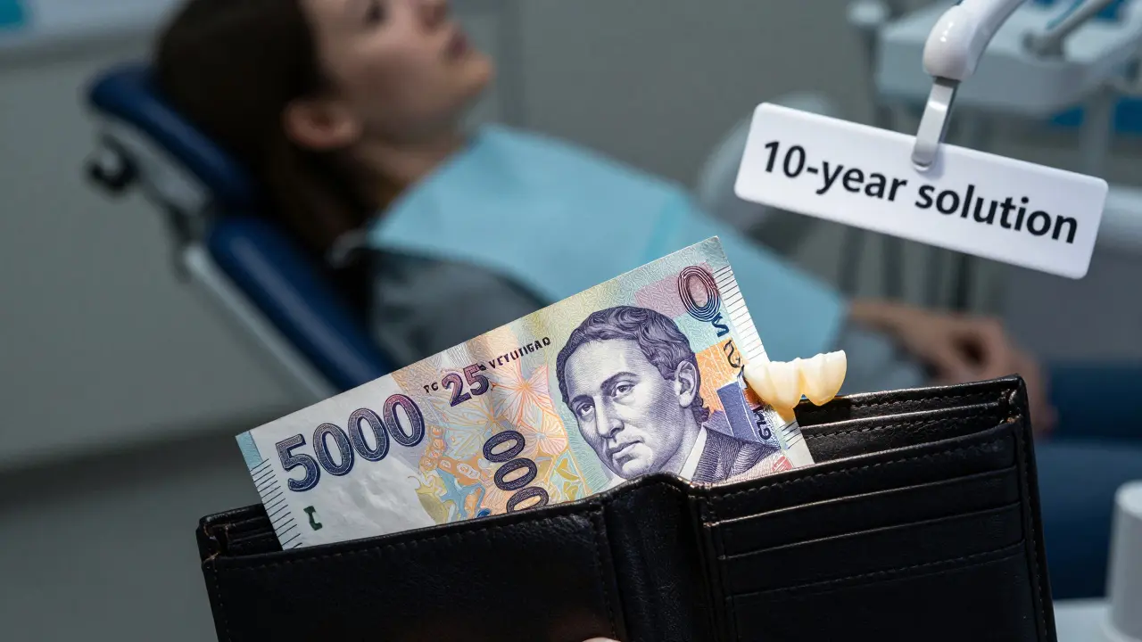 Peněženka s 15 000–25 000 Kč vedle odštěpené kompozitní fazety, pozadí s křeslem zubního lékaře.