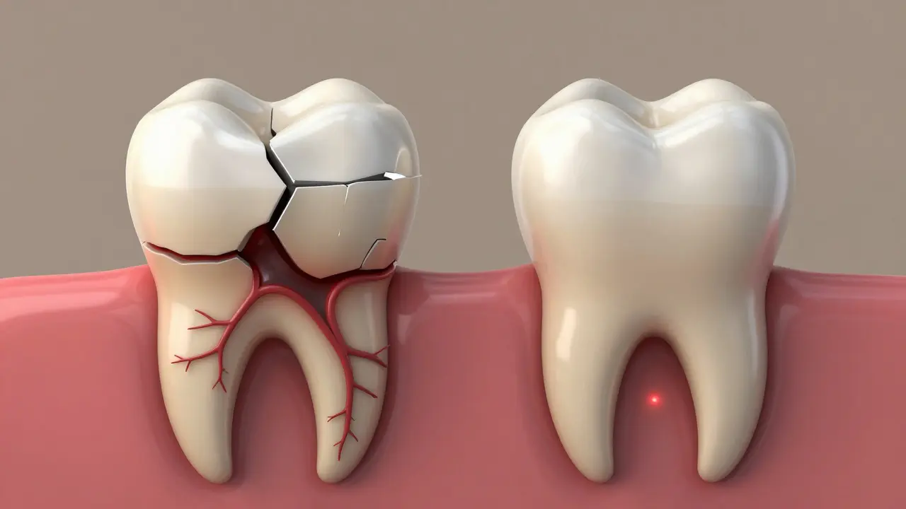 Porovnání zdravé a poškozené výplně s bakteriemi pronikajícími pod ní.