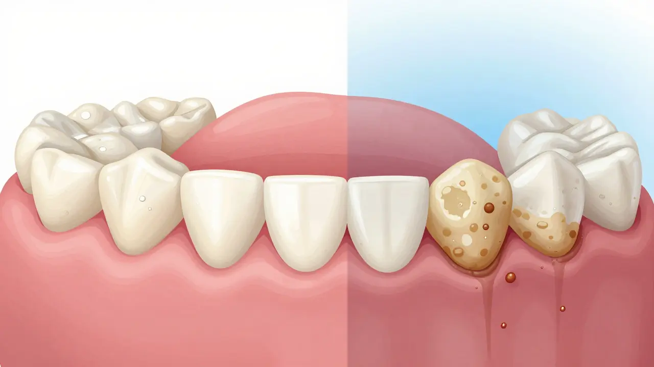 Porovnání zdravých zubů s čistými mezizubními prostory a zubů s nárostem plaku a kamenů.
