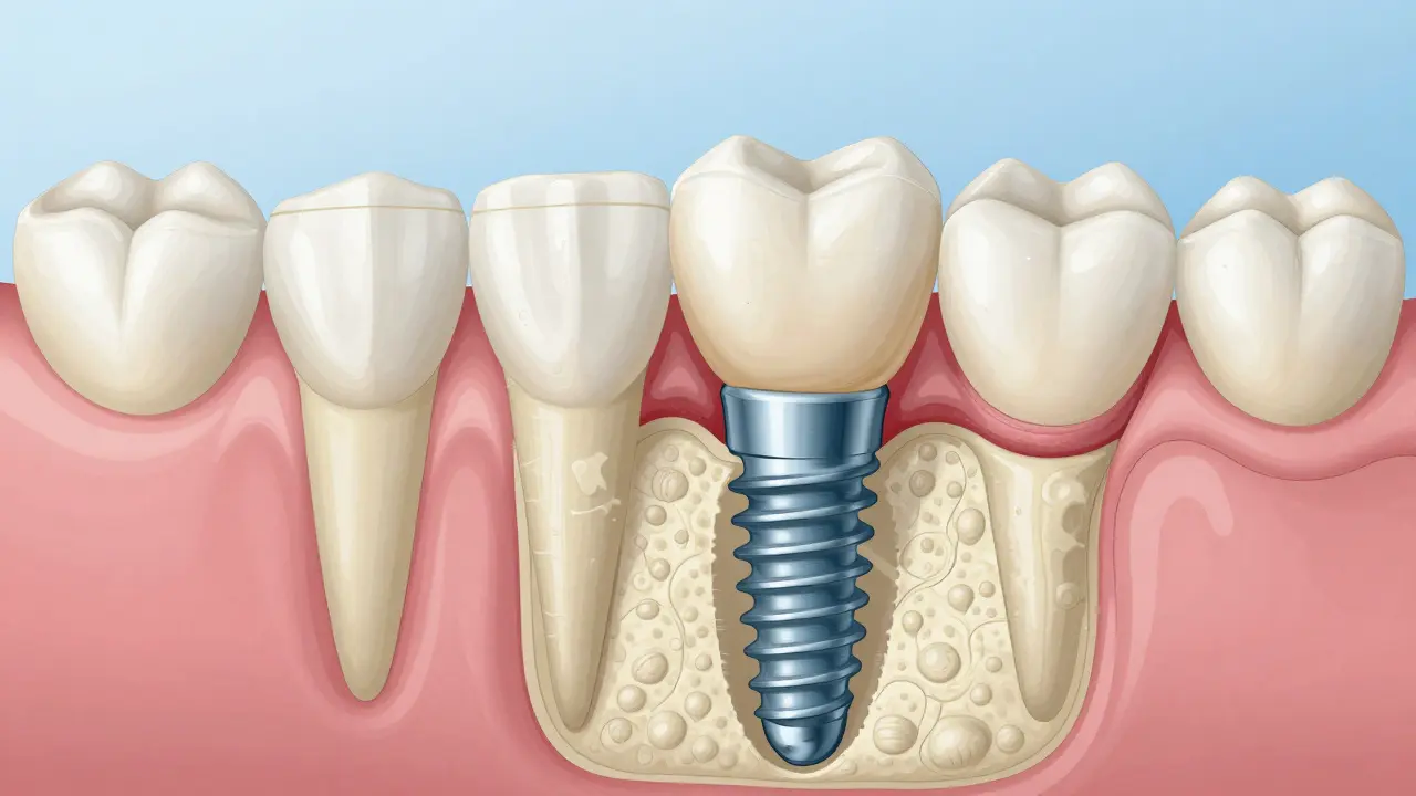 Příčný řez čelistí s implantátem spojeným s kostí a keramickou korunkou.