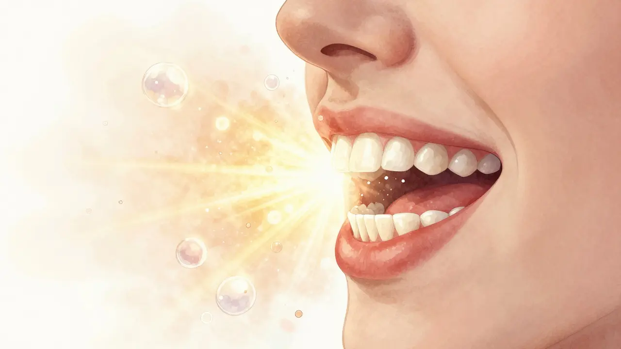 Profily zubů v ideálním stisku, z nichž vyrůstají zlaté částice chuťových látek a kapky slin.