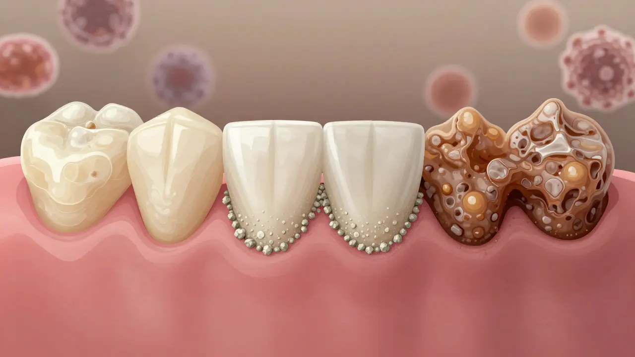 Progression of dental plaque turning into hardened tartar on teeth.