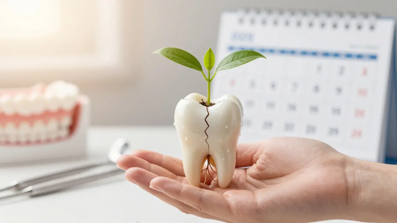 Rostlina rostoucí z zubu, symbolizující obnovu zdraví dásní.