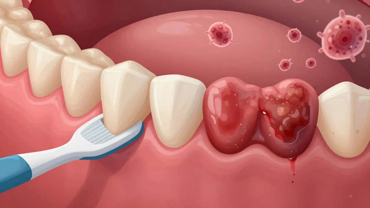 Srovnání zdravých a zánětlivých dásní s viditelným plakem a bakteriemi.