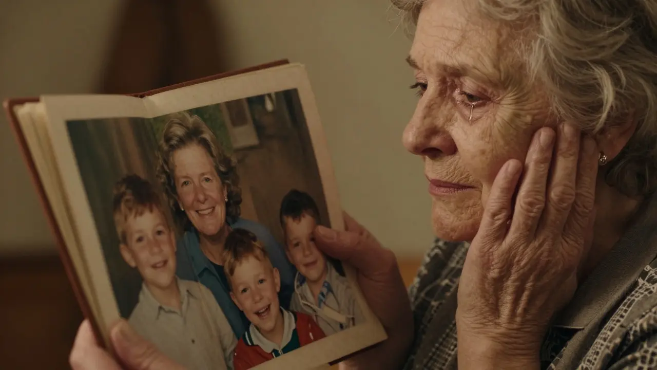 Stará žena drží fotografii, kde se směje se svými vnoučaty.