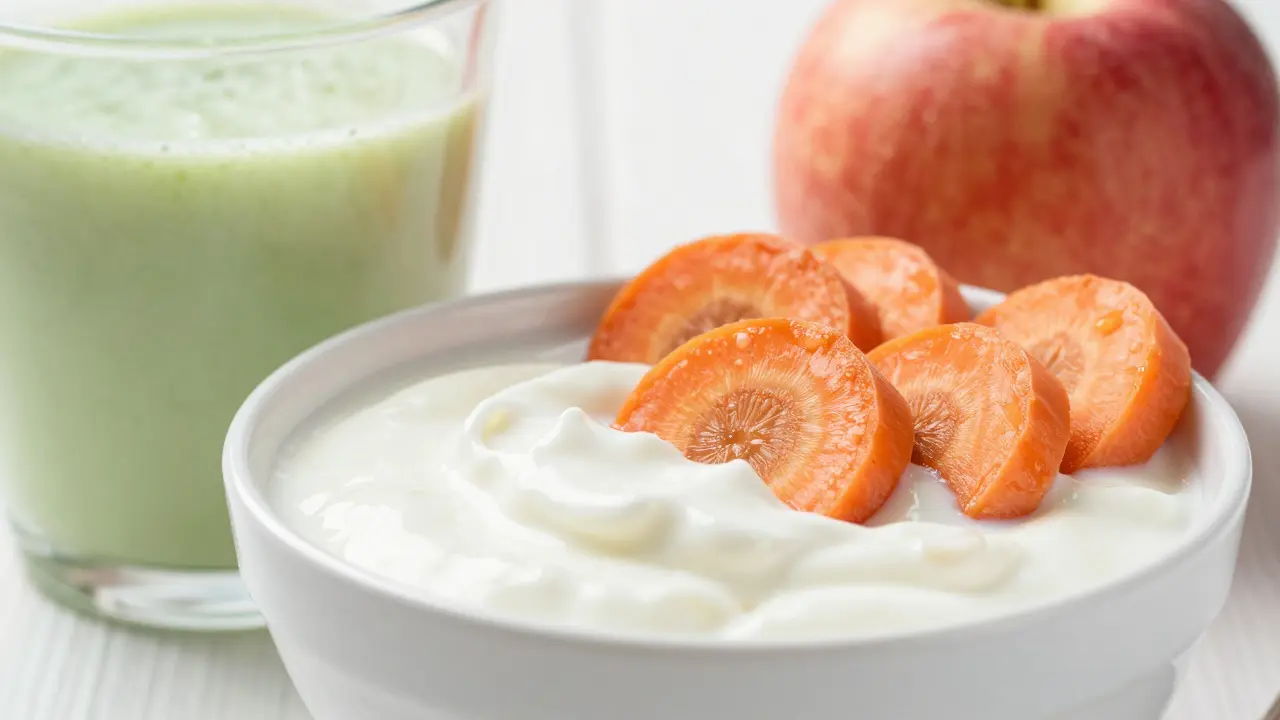 Talíř s měkkými potravinami jako jogurt a pudink doporučený po aplikaci vinyrů.