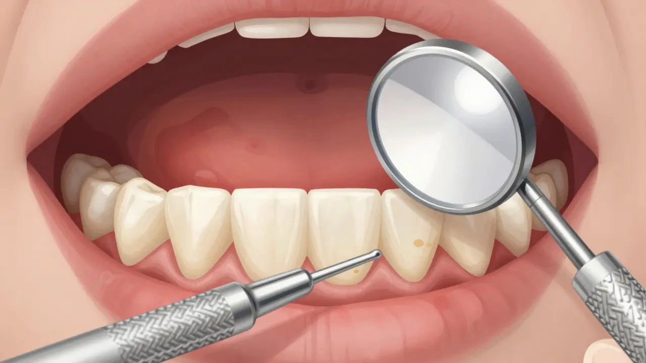 Vnitřní pohled do úst s viditelným plakem a zánětem dásní pod osvětlením zrcátka.