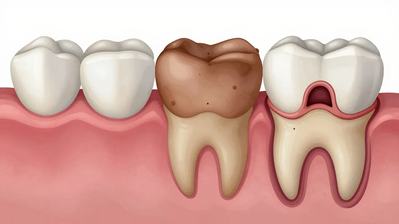 Vnitřní průběh zubního kazu: od zdravé skloviny k dutině v dentinu.
