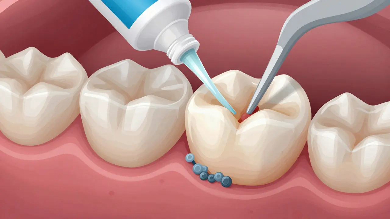 Vnitřní řez korunkou s mikroskopickým zobrazením plaku na hranici a interdentalním kartáčkem čistícím mezery.