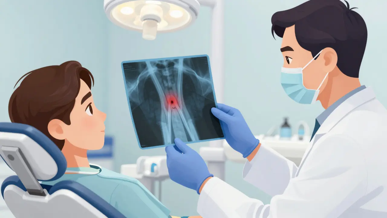 Zubní lékař prohlíží rentgenový snímek předního zubu s infekcí v kořeni, pacient sedí v lékárně.