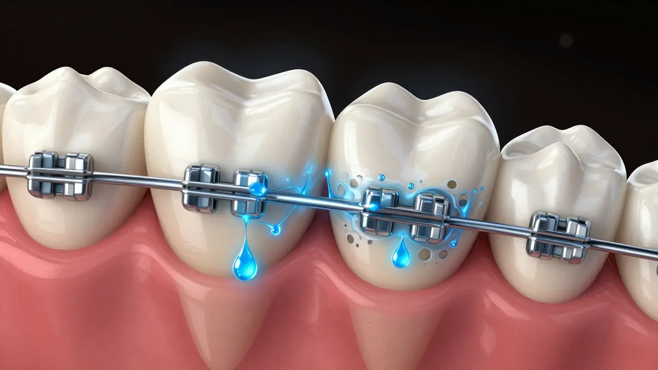 Zvětšený pohled na zubní sklovinku s kyselým poškozením a fluoridovou remineralizací.