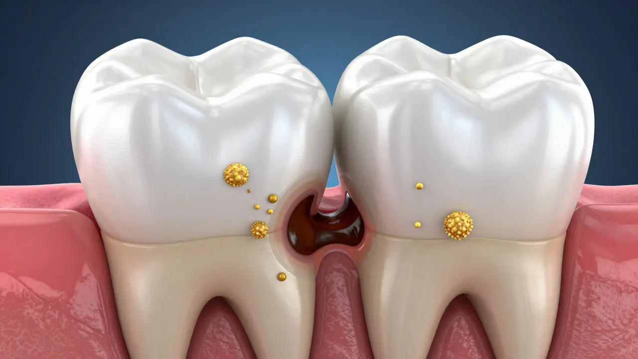 3D detail mezizubního kazu pronikajícího pod zubní sklovinu.