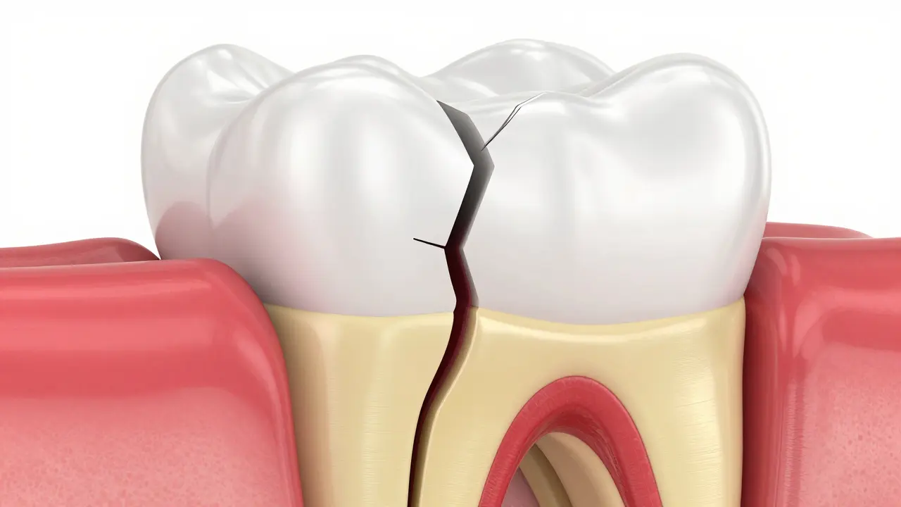 3D ilustrace průřezu zubu s hlubokou prasklinou zasahující do nervu.
