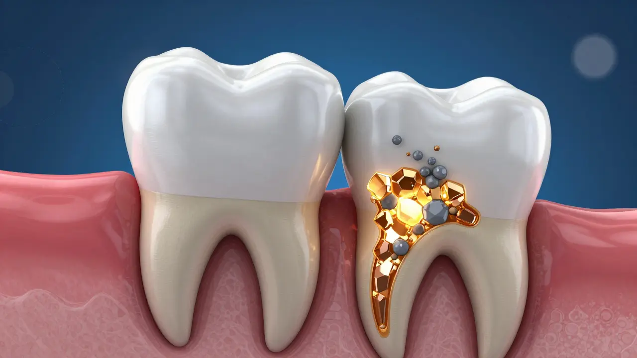 3D ilustrace vnitřní struktury zubu s vázanými tetracyklinovými komplexy.