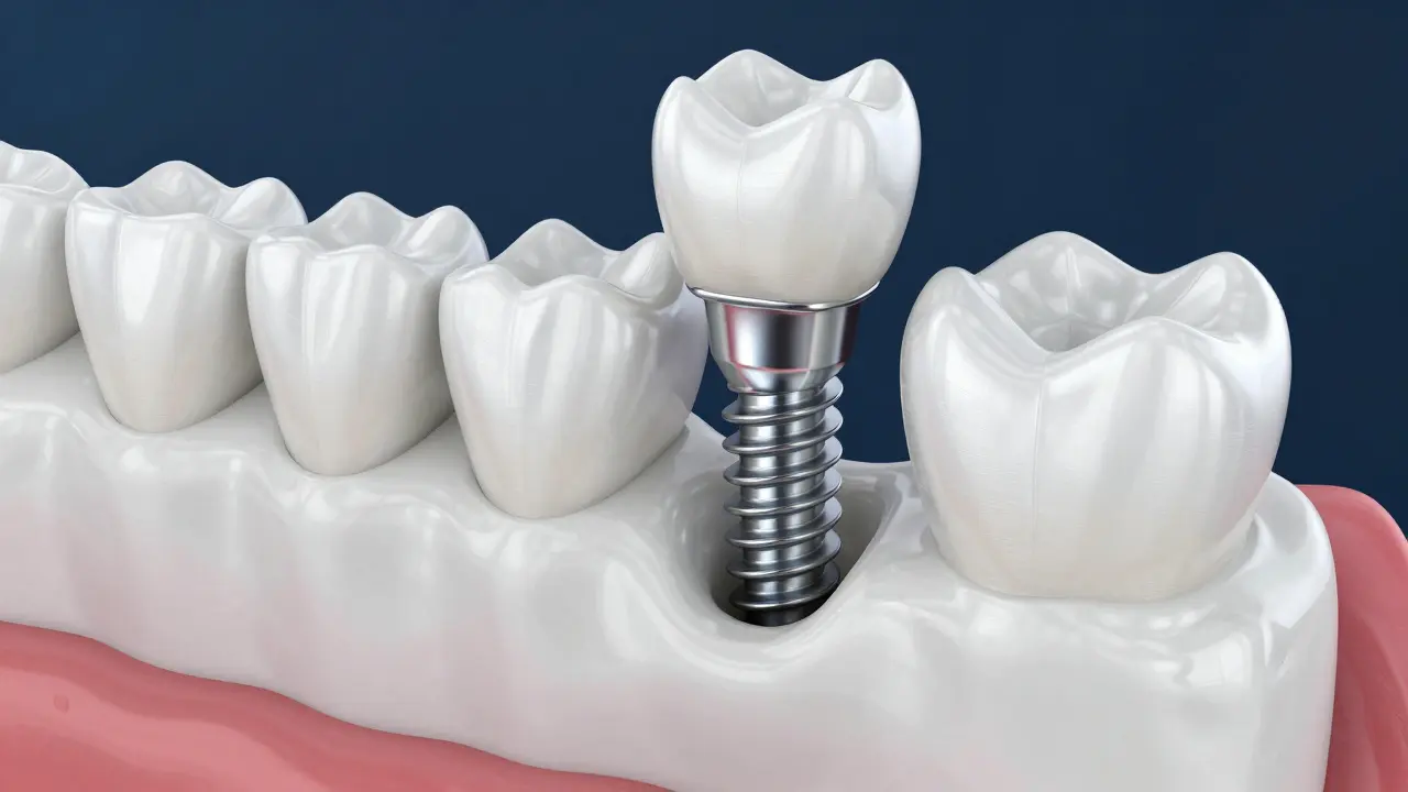 3D ilustrace zubního implantátu integrovaného v čelistní kosti