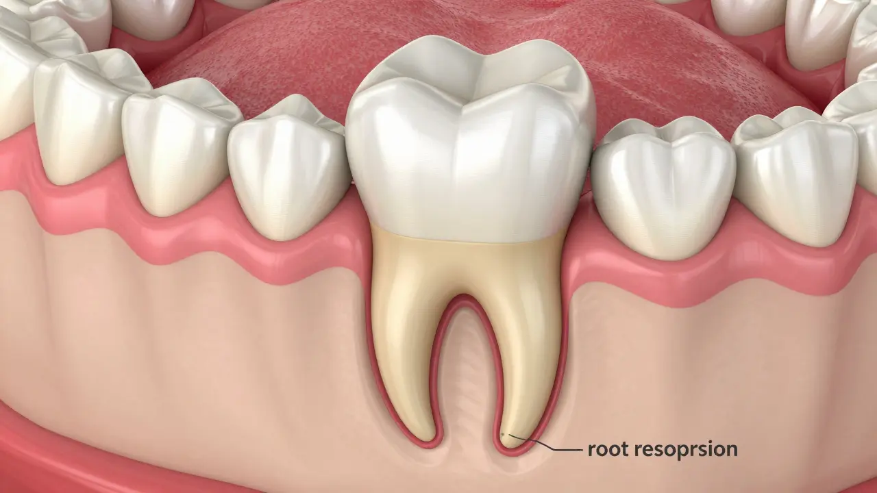 3D medicínský nákres znázornující proces resorpce kořene zubu při pohybu v čelisti.