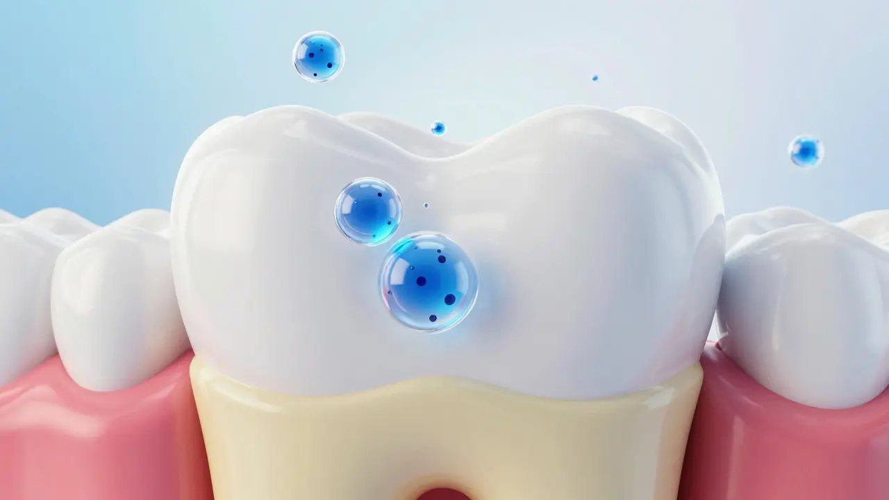 3D model zuba znázorňující průnik bělicího gelu sklovina do dentinu.