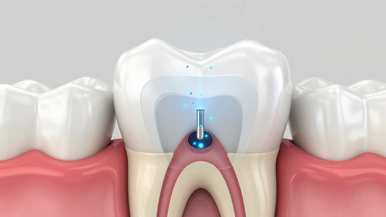 3D model zubu znázornující fungování skloionomerní plomby a uvolňování fluoridů.