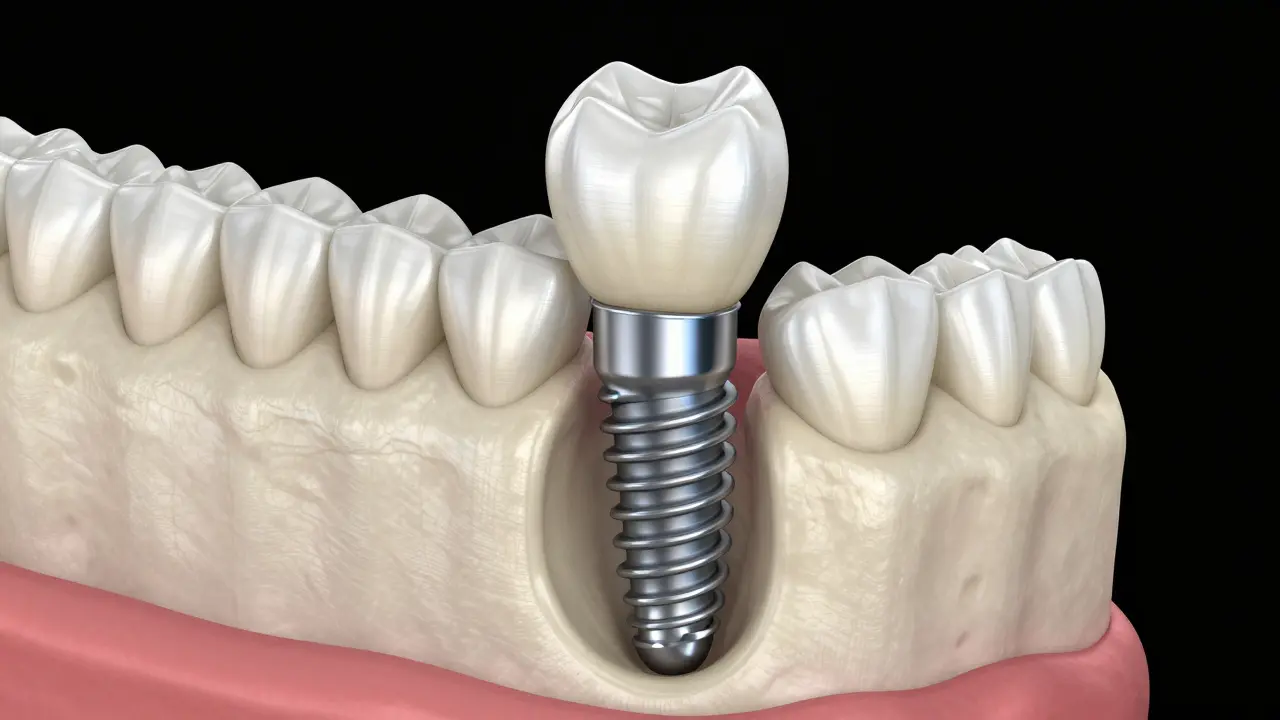 3D vizualizace zhojeného dentálního implantátu v čelistní kosti s korunkou.