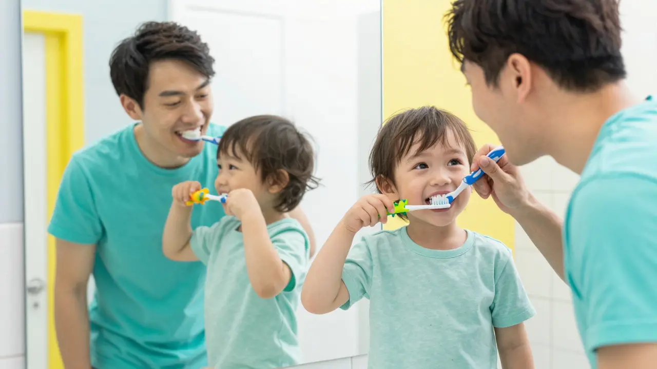 Batole a rodič si společně a vesele čistí zuby před zrcadlem.