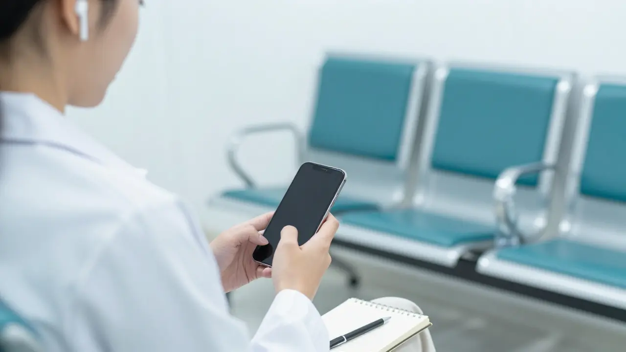 Čekání v poliklinice s vodou, notebookem a sluchátky pro rozptýlení.