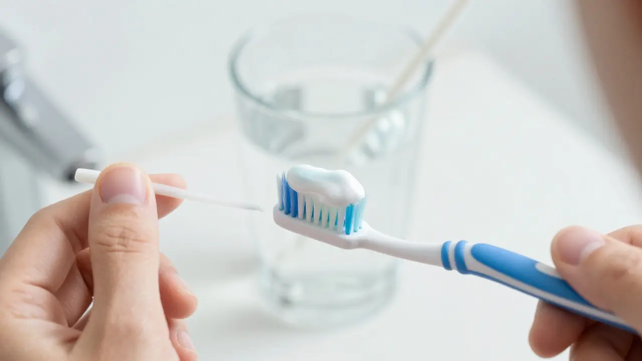 Detail čištění zubů remineralizační pastou pro posílení skloviny.