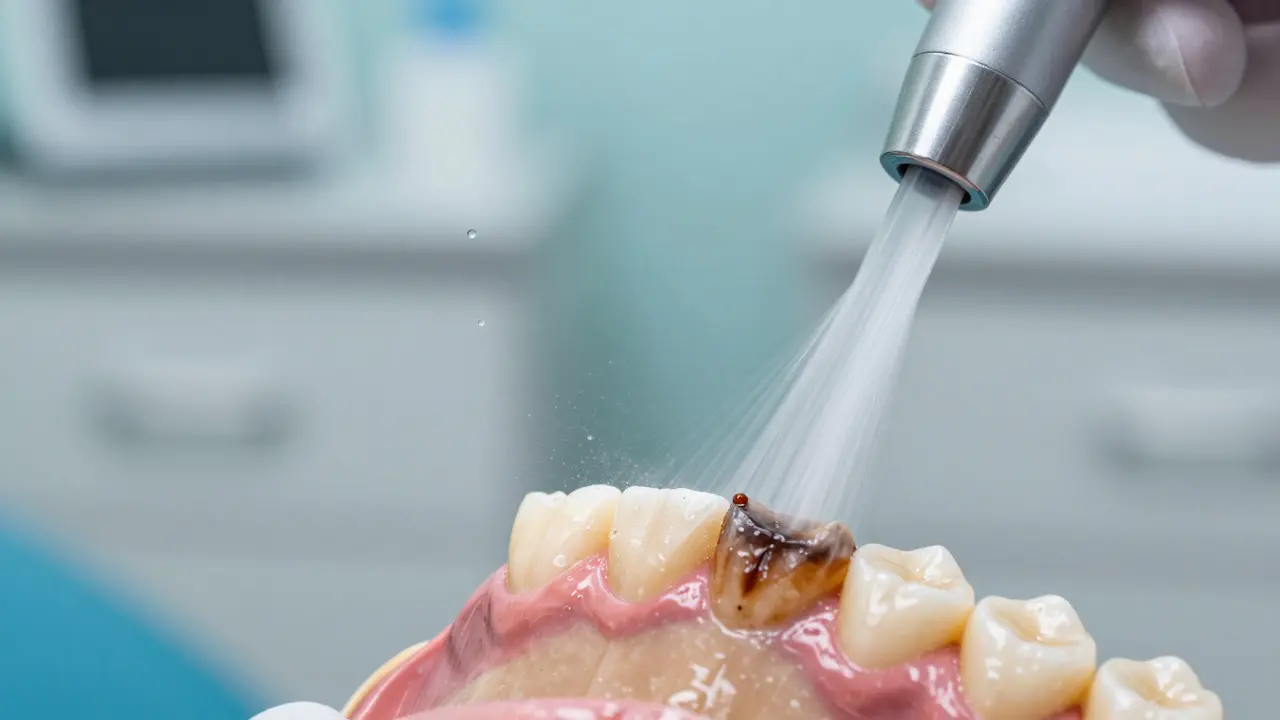 Detailní záběr na proces Airflow při odstraňování skvrn ze zubů.