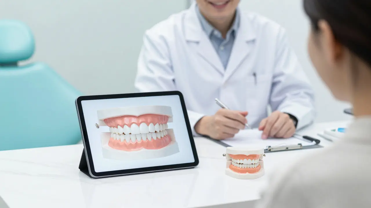 Digitální model budoucího úsměvu a sadýř v moderní zubní ordinaci.