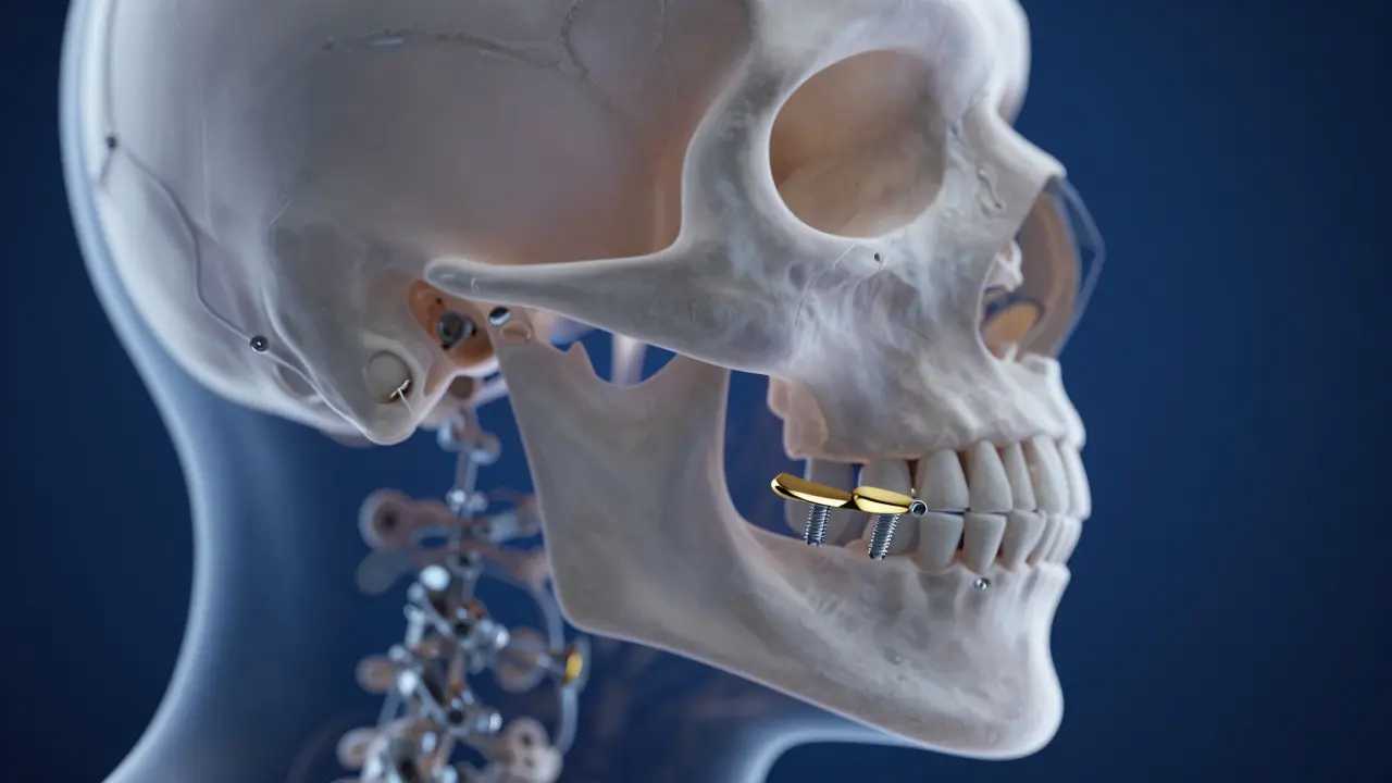 Ilustrace titanové fixace čelisti po ortognatické operaci.