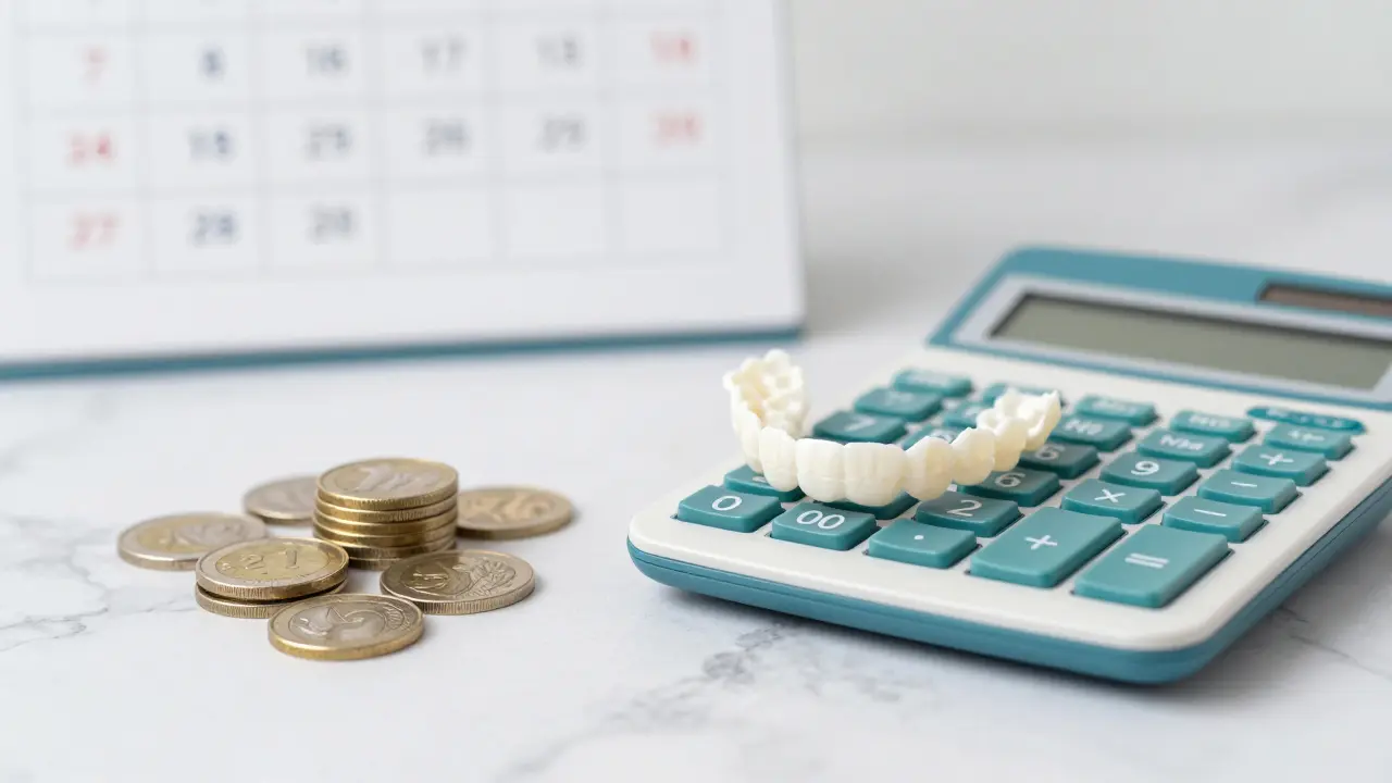 Koncept rozložení plateb za ortodoncii s mincemi a keramickým záporem.