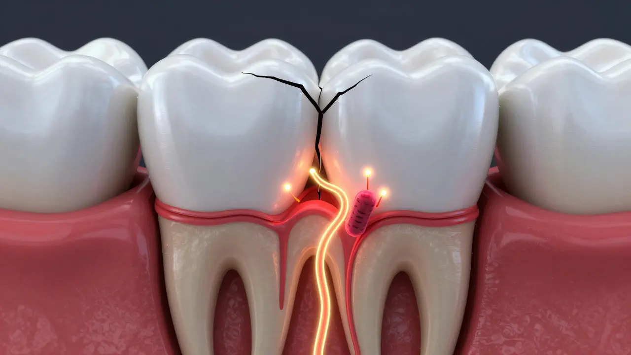 Konceptuální schéma praskliny v zubní sklovine, kterou pronikají škodlivé látky.