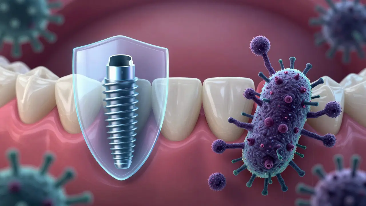 Konceptuální zobrazení bakterií útočících na zubní implantát