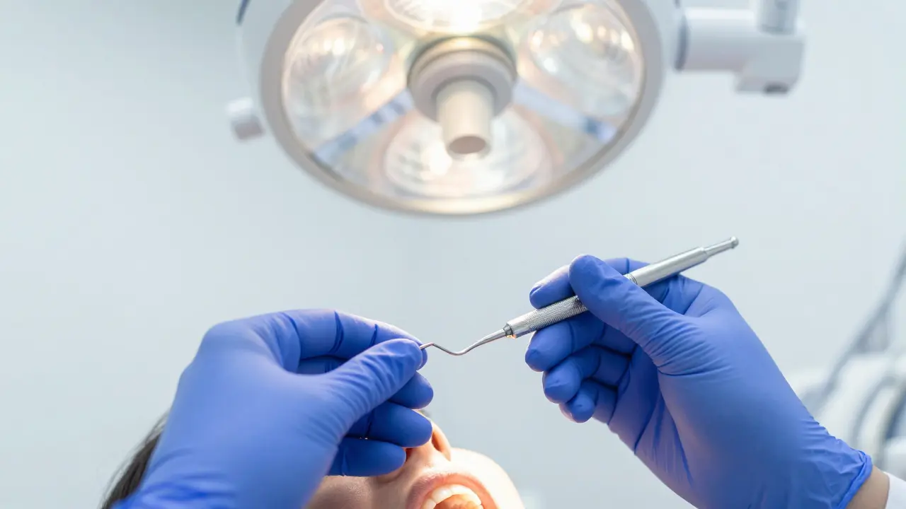 Lékař používá ultrazvukový nástroj k čištění zubů.