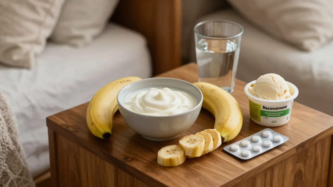 Měkká potravina a léky připravené doma pro rekonvalescenci po zubu.