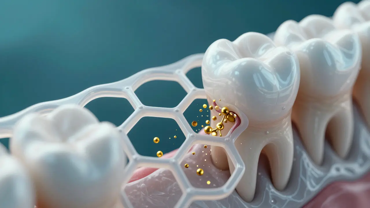 Mikroskopický pohled na bio-gelové lešení pro regeneraci kostní tkáně a vaziv.