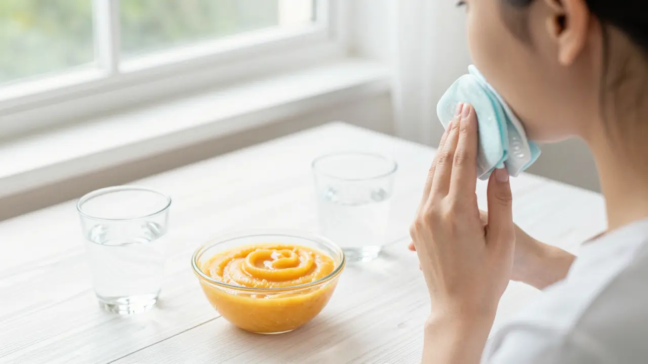 Pacient aplikující chladivý obklad na tvář během rekonvalescence.