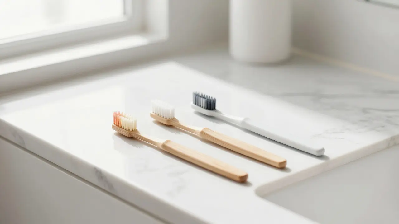 Sada mezizubních kartáčků a zubního kartáče na bílém mramorovém povrchu.