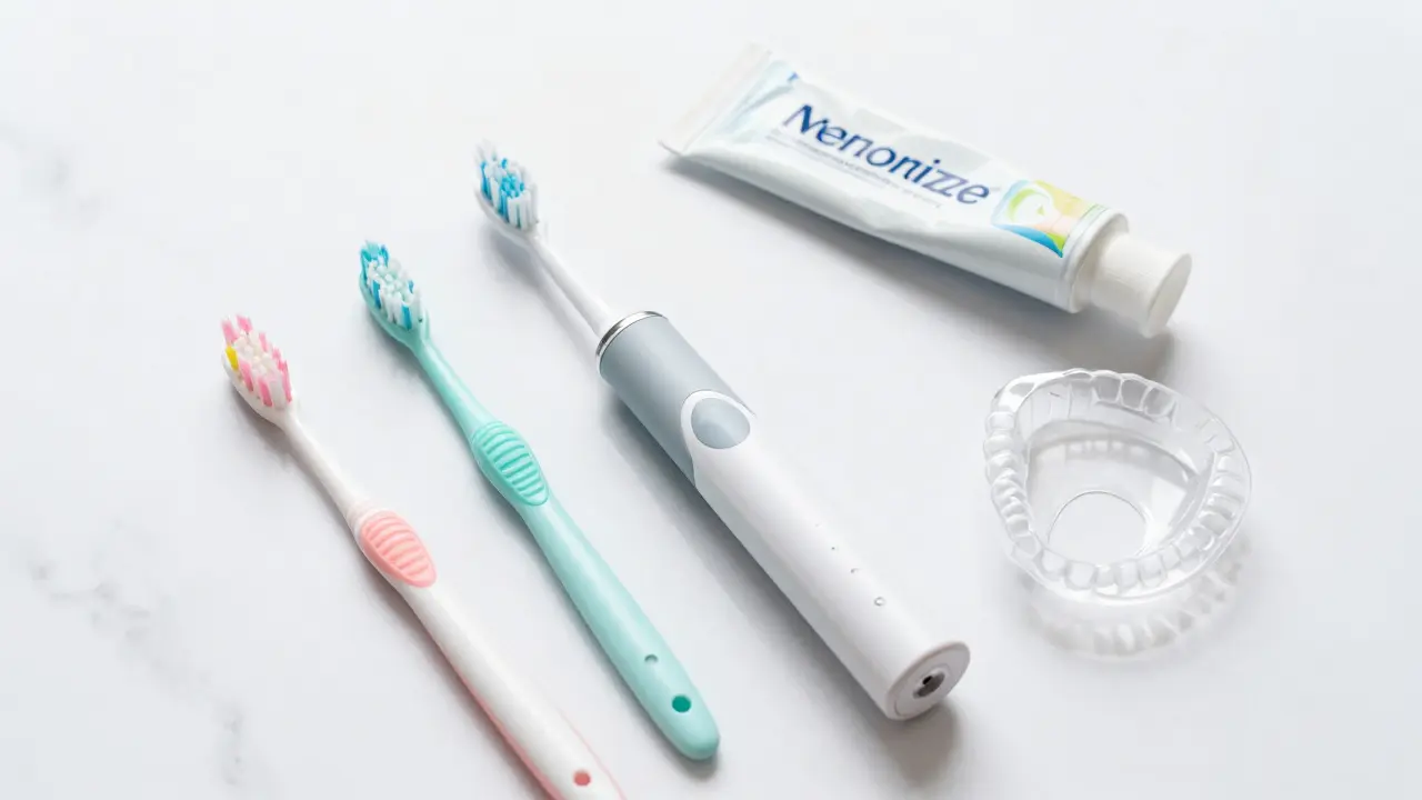 Sada pomůcek pro dentální hygienu: elektrický kartáček, mezizubní kartáčky a retence.