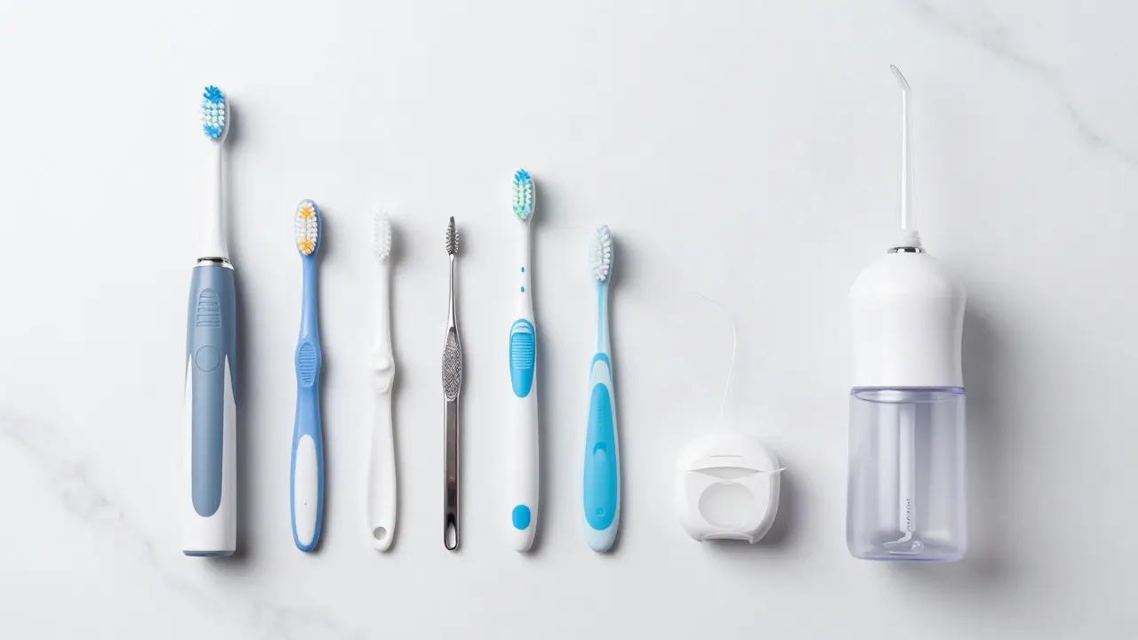 Sada pomůcek pro dentální hygienu včetně elektrického kartáčku, nití a mezizubních kartáčků.